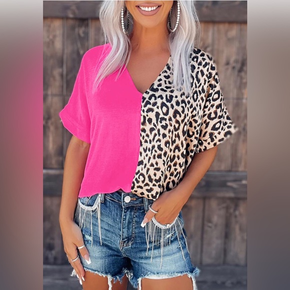 Rose Contrast Leopard Color Block Top - Picture 2 of 6